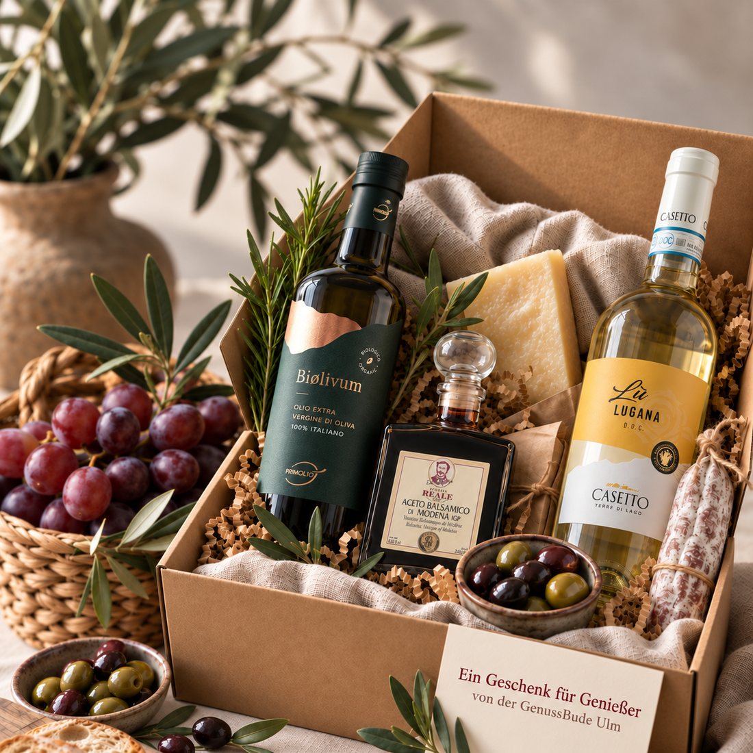 Italienisches Feinkost-Geschenk der GenussBude Ulm mit Olivenöl, Balsamico und Lugana
