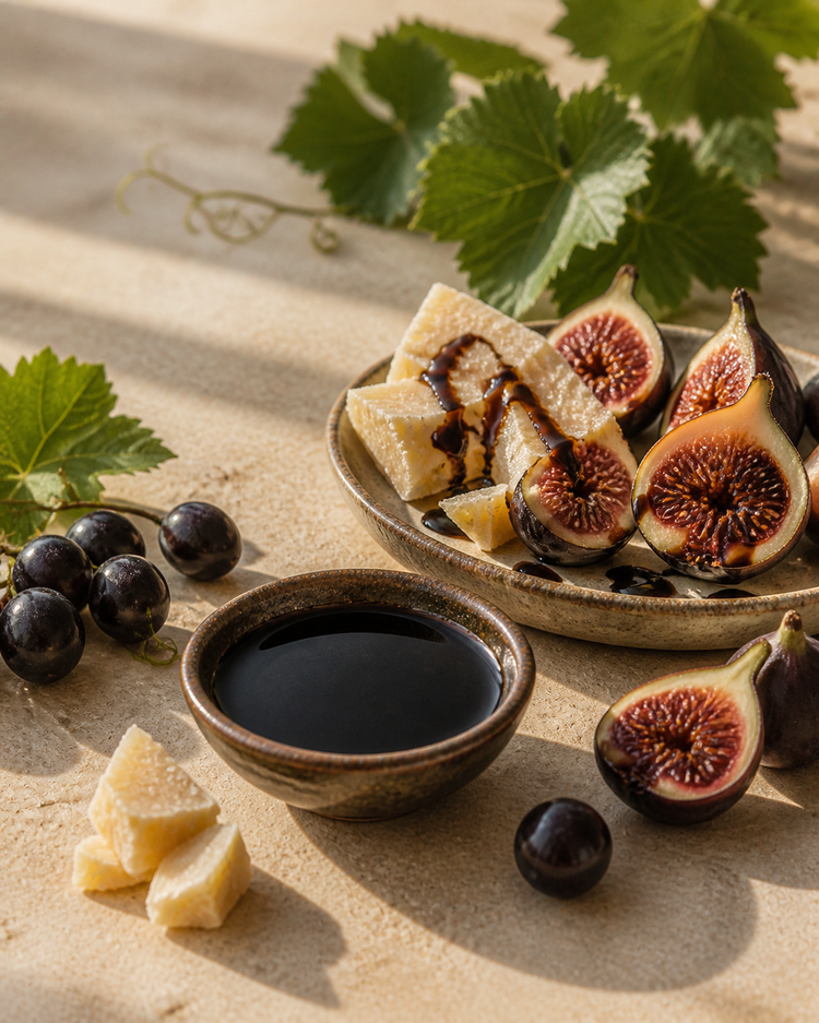 Balsamico mit Feigen, Trauben und Parmigiano auf hellem Naturstein