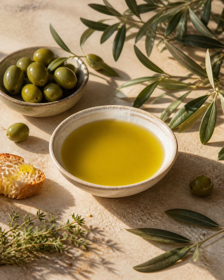 Mediterrane Olivenöl-Szene mit Oliven, Brot und Olivenzweigen