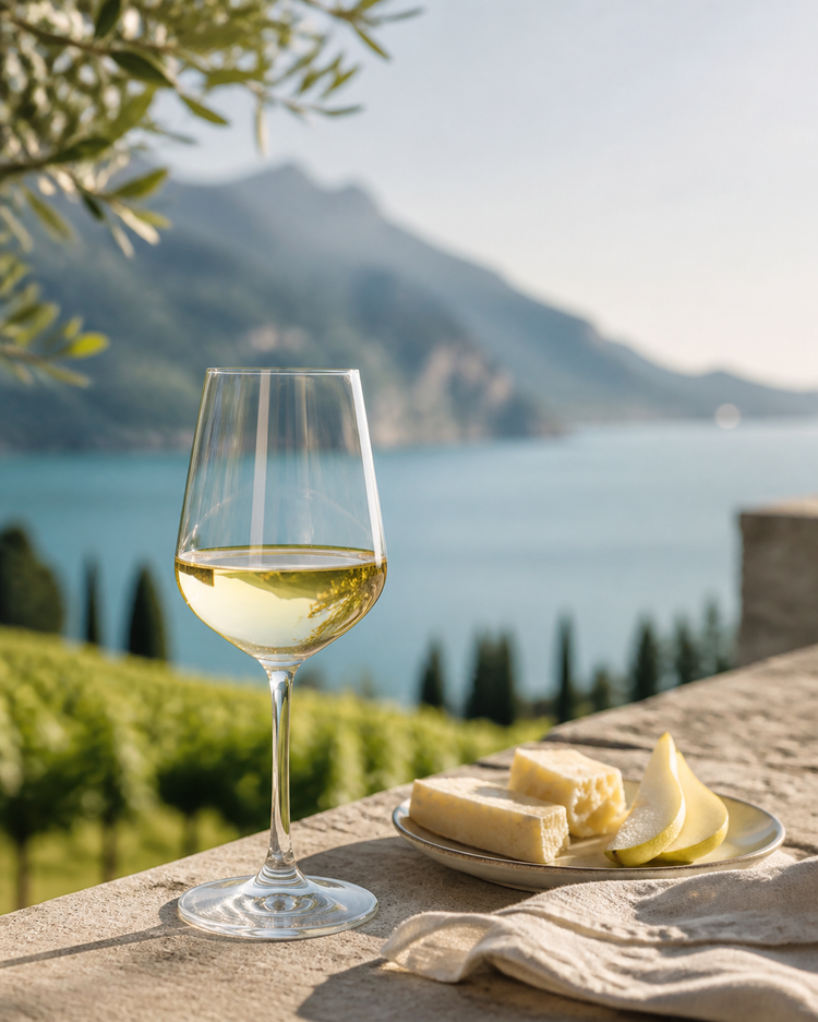 Weißwein vor mediterraner Weinberglandschaft mit Käse und Birne