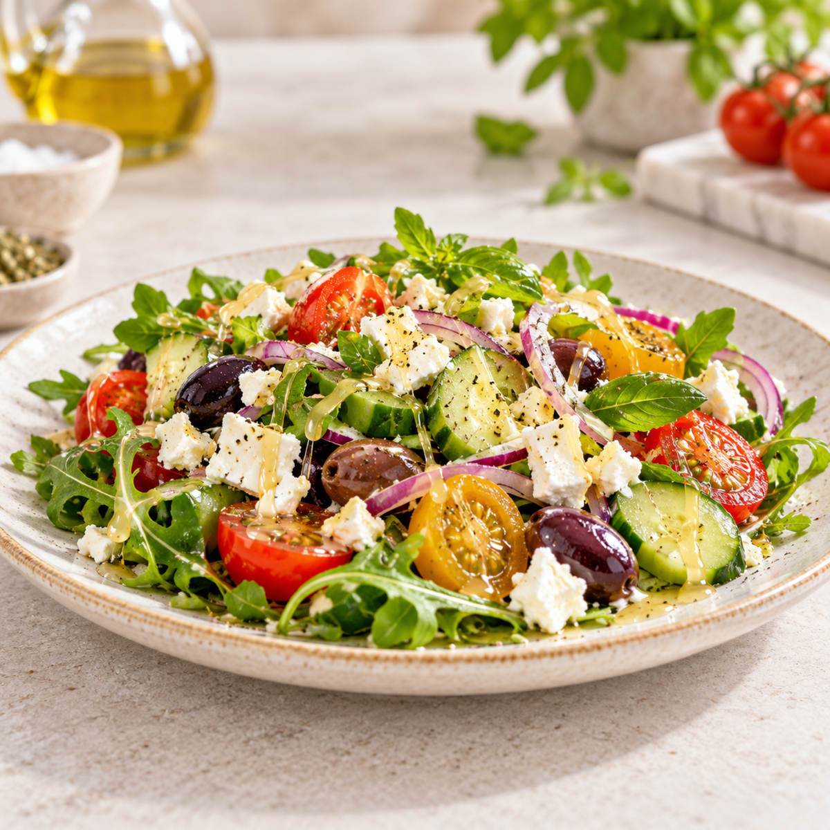 Mediterraner Salat mit Crema di Balsamico Bianco von Acetaia Reale als Serviervorschlag