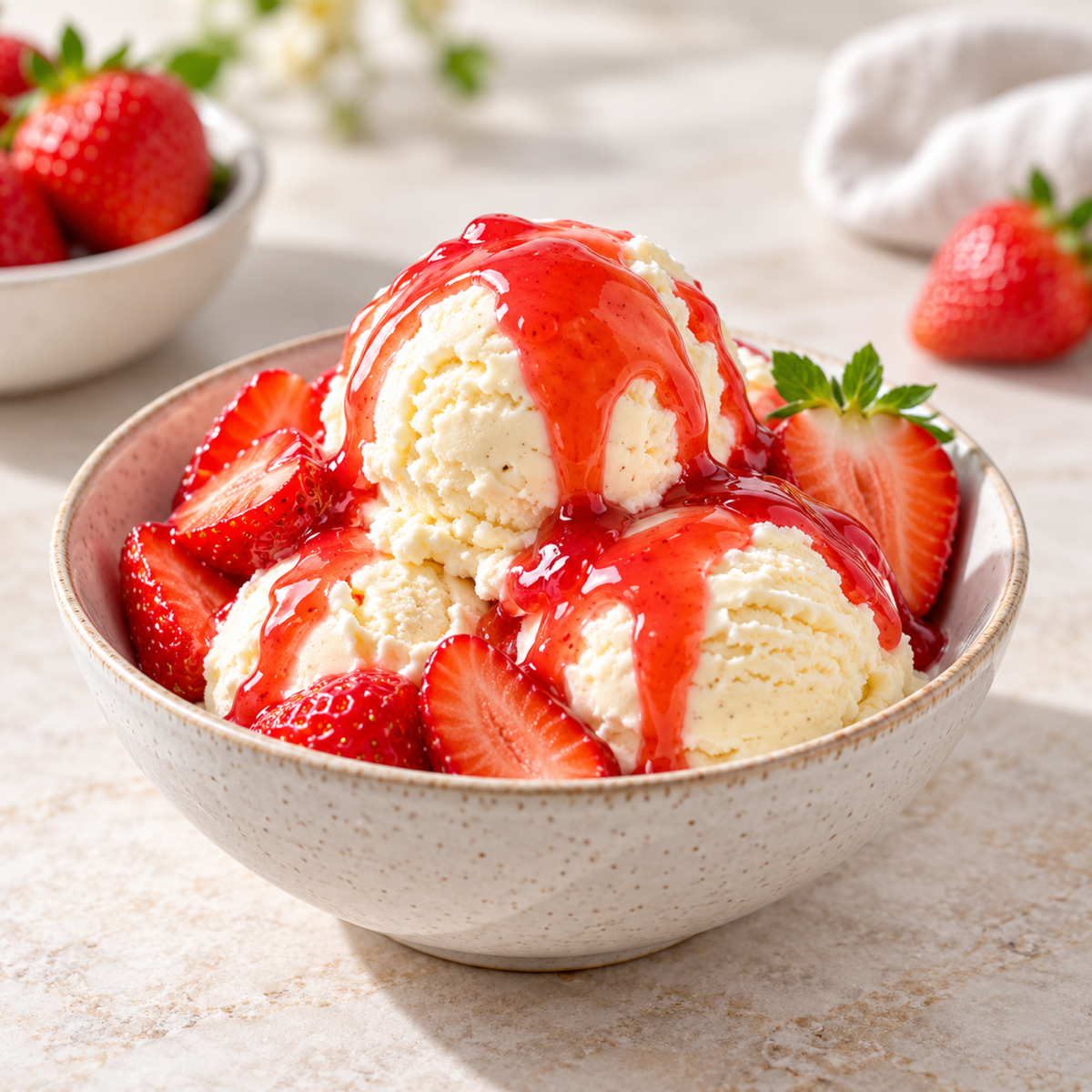 Vanilleeis mit Erdbeeren und Crema di Balsamico Erdbeere von Acetaia Reale als Serviervorschlag