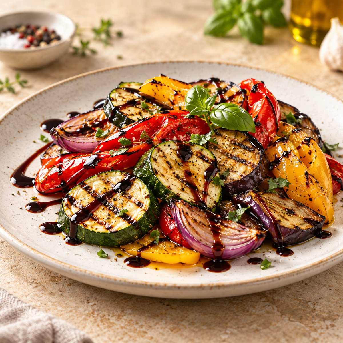 Gegrilltes Gemüse mit Crema di Balsamico Peperoncino von Acetaia Reale als Serviervorschlag