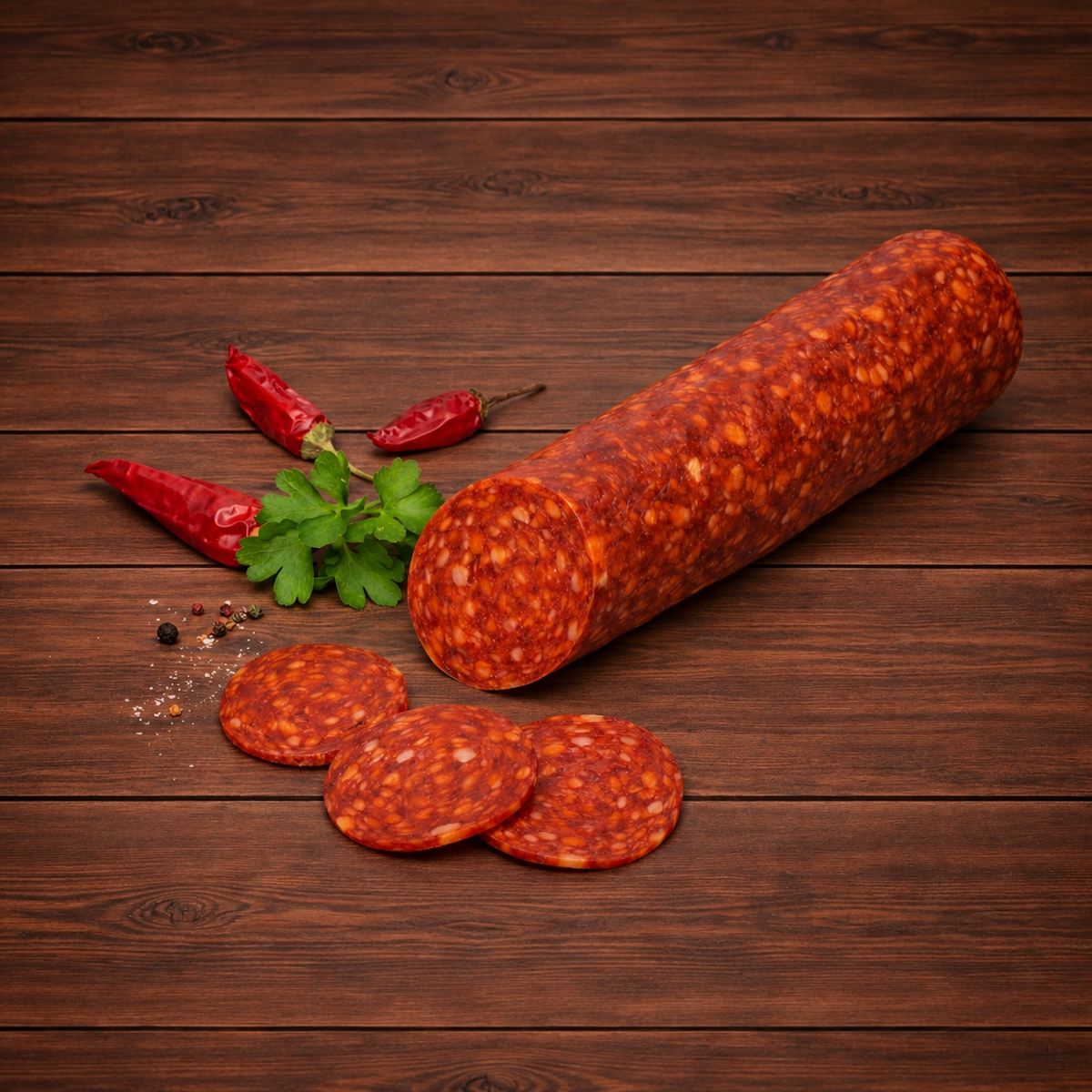 Aufgeschnittene Rinner Peperoncinisalami mit Chilischoten